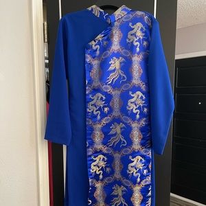 Vietnamese Modernized Men Ao Dai in Blue and Gold, Pre-made Size